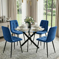 Dining Table Set for 4, Round Glass Kitchen Table with 4 Blue Highback Tufted Velvet Side Chairs, 5-Piece Modern Dining Room Set for Kitchen, Apartment, Small Spaces