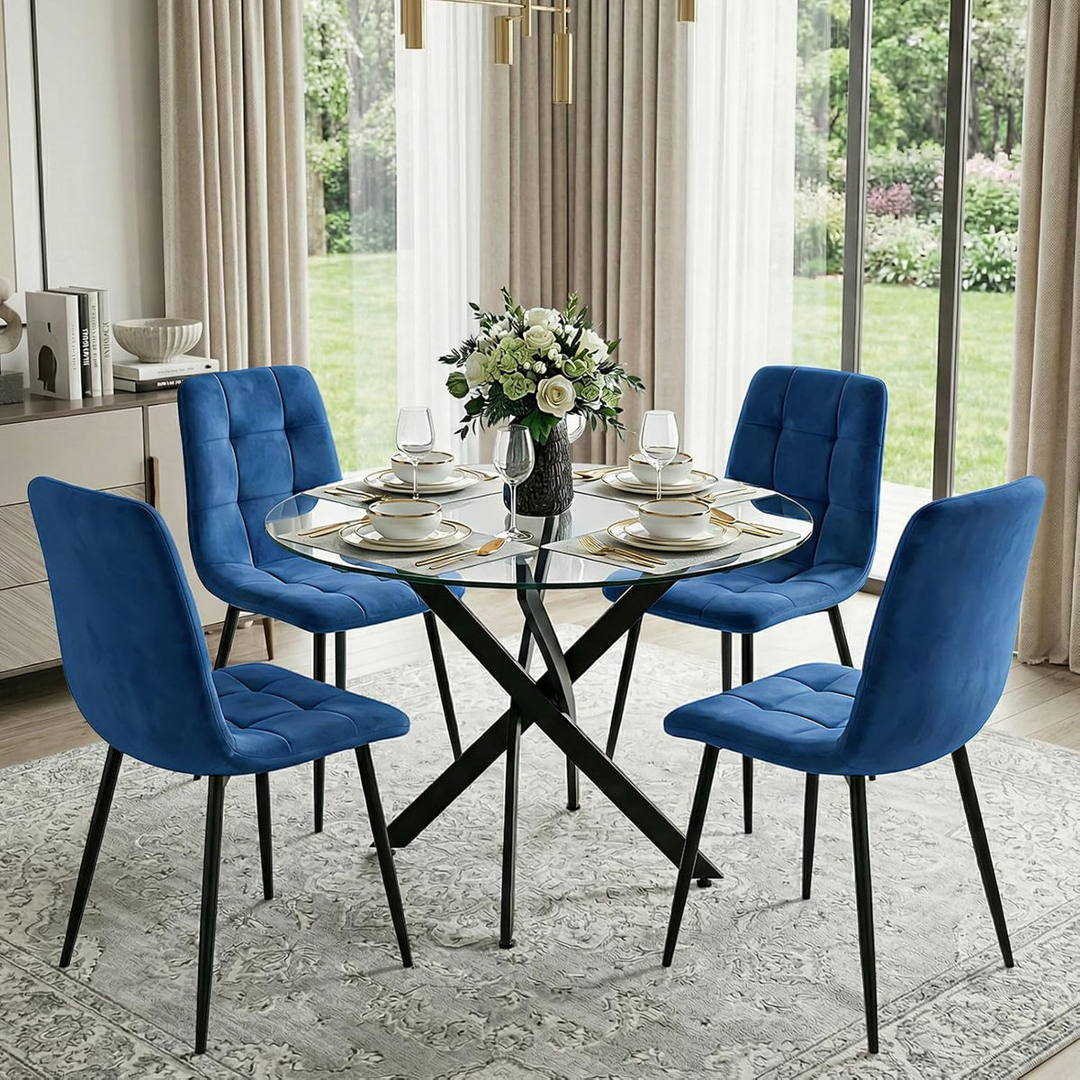 Dining Table Set for 4, Round Glass Kitchen Table with 4 Blue Highback Tufted Velvet Side Chairs, 5-Piece Modern Dining Room Set for Kitchen, Apartment, Small Spaces