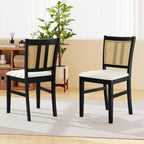 Giantex Rattan Dining Chairs Set of 2, Farmhouse Fabric Upholstered Kitchen Chairs with Rubber Wood Legs, Padded Seat, Cane Back, Country Armless Side Chair for Dining Living Room Restaurant