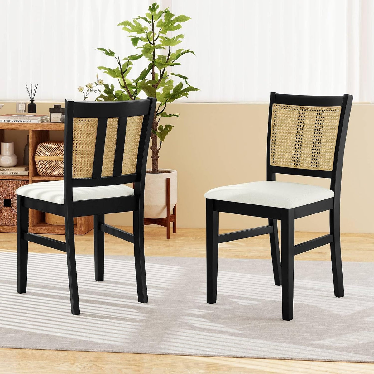 Giantex Rattan Dining Chairs Set of 2, Farmhouse Fabric Upholstered Kitchen Chairs with Rubber Wood Legs, Padded Seat, Cane Back, Country Armless Side Chair for Dining Living Room Restaurant