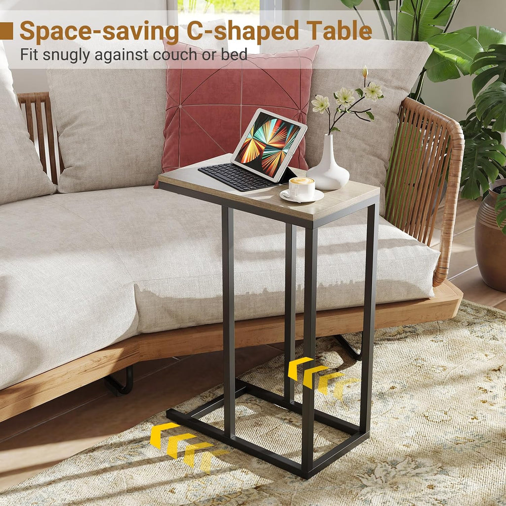 Tangkula C-Shaped End Table, Slide Under Couch TV Tray for Coffee Laptop Tablet, Industrial Sofa Side Table with Metal Frame for Living Room Bedroom (Grey Oak)