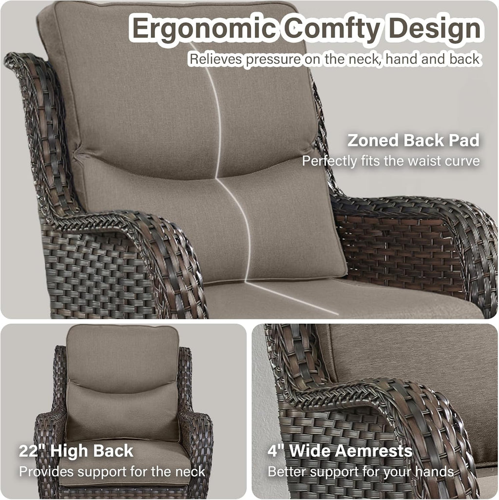 Outdoor Swivel Rocker Patio Chairs with 2 Ottomans - 5" Thick Cushion 4 Piece Furniture Set All Weather Comfortable Wicker Conversation Set for Porch Poolside and Deck - Brown/Gray
