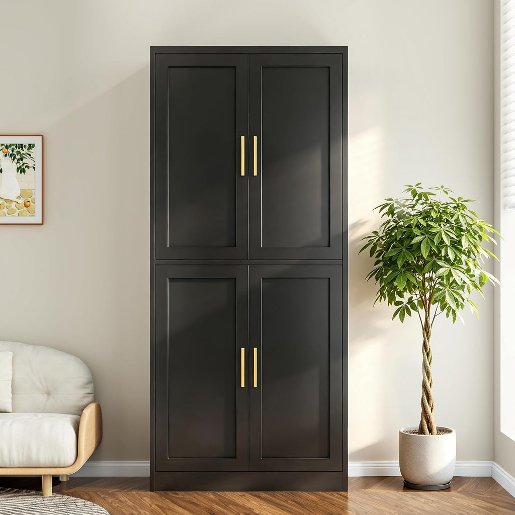 Wanfu 71" Tall Pantry Cabinet, Metal Kitchen Pantry Cabinet with 4 Doors and 4 Adjustable Shelves, Kitchen Pantry Storage Cabinets, Metal Storage Cabinet for Kitchen, Dining Room, Living Room-Black