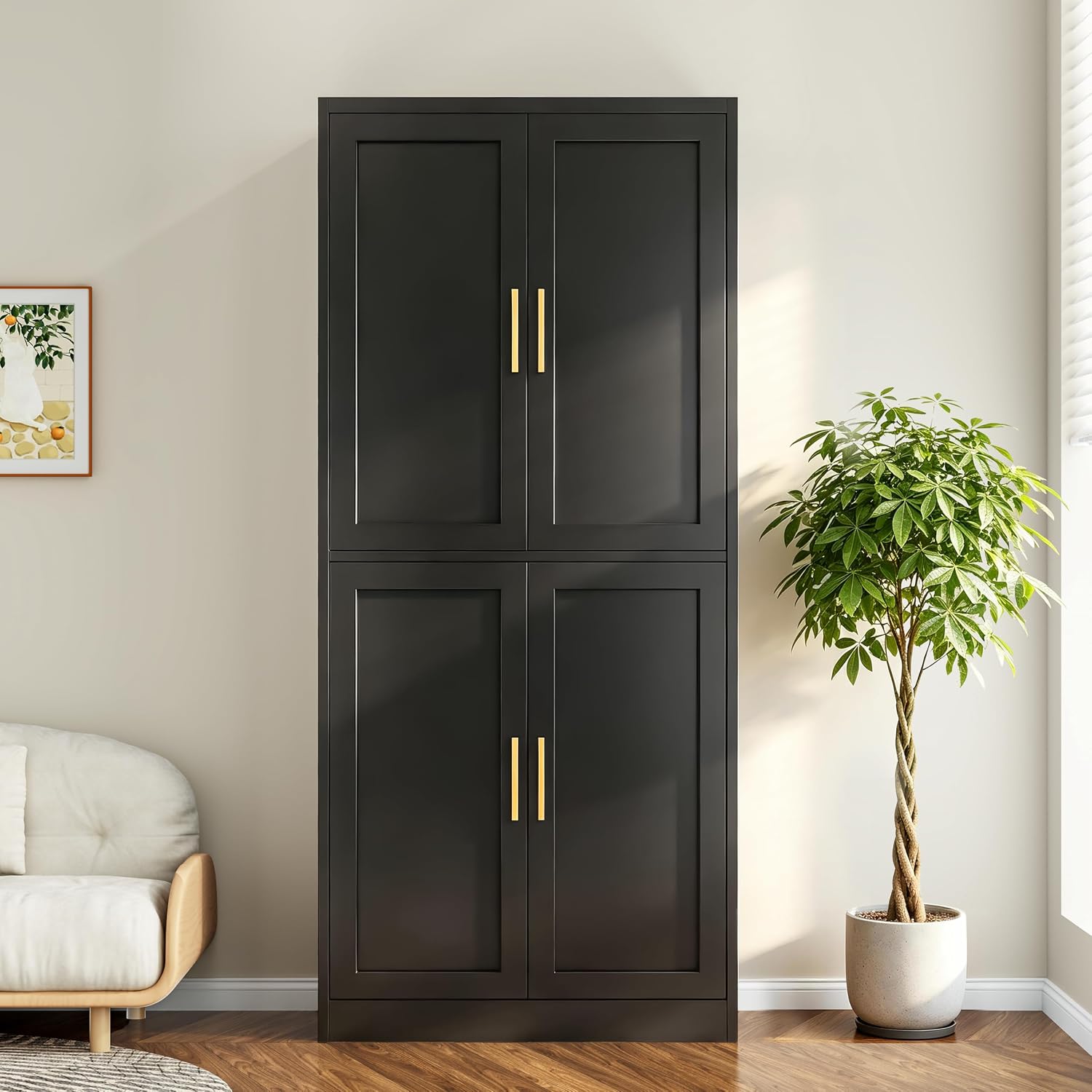 Wanfu 71" Tall Pantry Cabinet, Metal Kitchen Pantry Cabinet with 4 Doors and 4 Adjustable Shelves, Kitchen Pantry Storage Cabinets, Metal Storage Cabinet for Kitchen, Dining Room, Living Room-Black