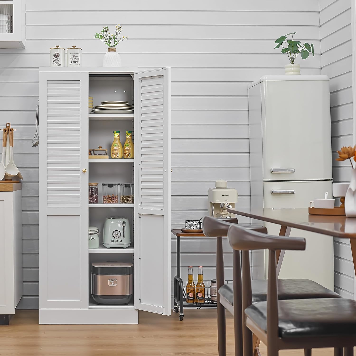 Metal Pantry Cabinet, Freestanding Kitchen Storage Cabinet with Doors and 4 Adjustable Shelves, Narrow Tall Food Pantry for Dining Room, Laundry Room,61-Inch White