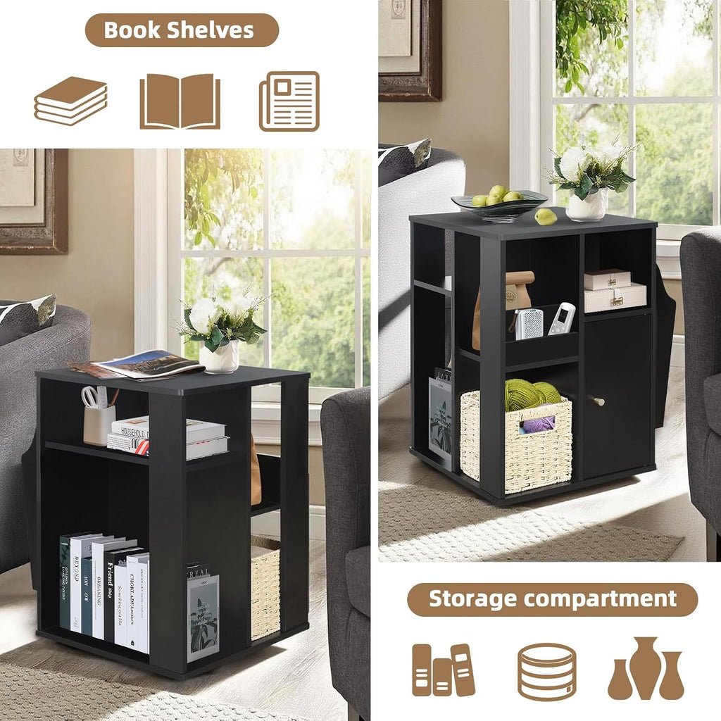TooCust Rotating End Table with Storage, Square Rotating Side Table Living Room, Side Table with Magazine Holder, Basket and Cabinet, Swivel End Table with Multiple Storage (Black)