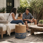 Wimarsbon Natural Seagrass Foot Stool, Hand Weaving Round Ottoman, for Living Room, Outdoor Seat (Natural & Blue)