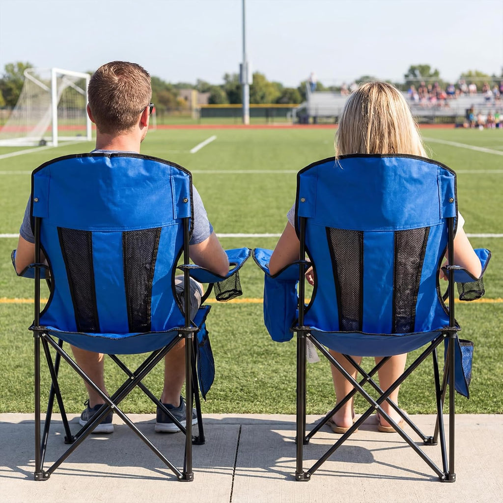 Romswi Portable Camping Chairs for Adult Support 400 LBS, Folding Outdoor Chairs with 4-Can Cooler Bag, Folding Chair with Mesh Back for Outdoor, Fishing, Garden, 2-Pack, Blue