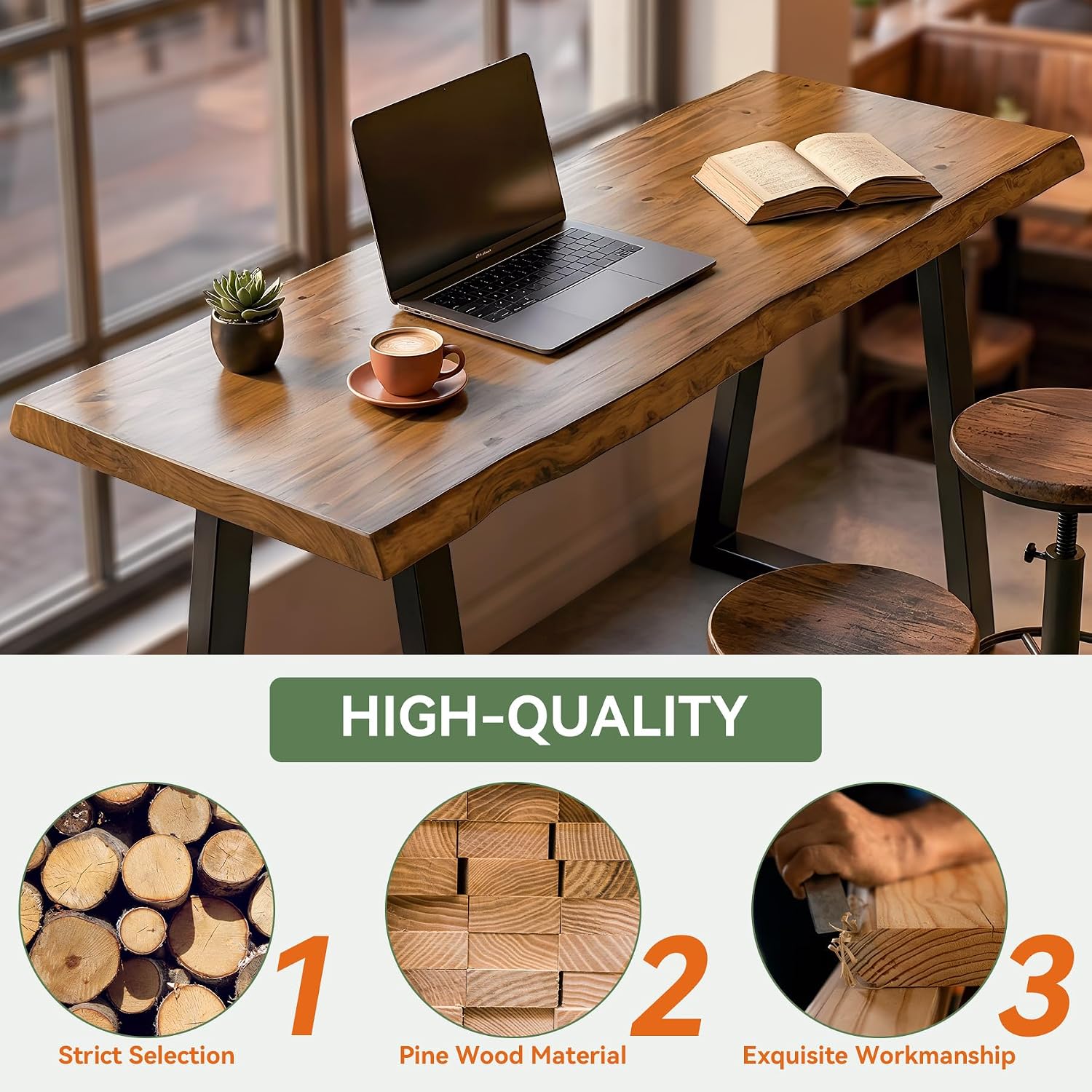 63” Solid Wood Bar Table, Commercial Grade Counter Height Table with Metal Legs, Heavy Duty Long Pub Table for Restaurant, Bar, Café & Hospitality Use, Rustic Brown Black