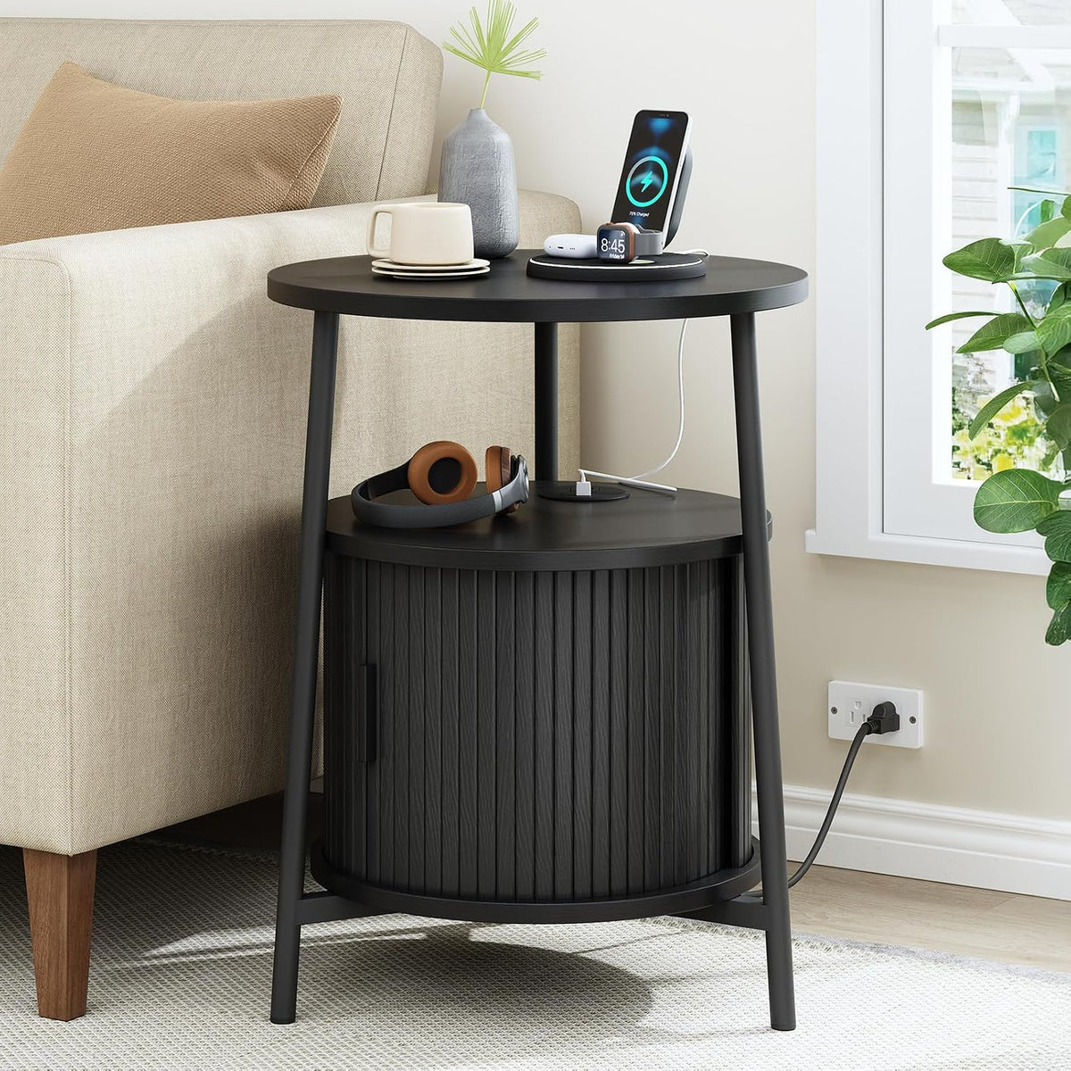 ONBRILL Round Side Table with Storage, Fluted Nightstand with Charging Station, Small Mid-Century Modern Bedside Tables, Black End Tables for Small Space Living Room Bedroom Sofa Couch