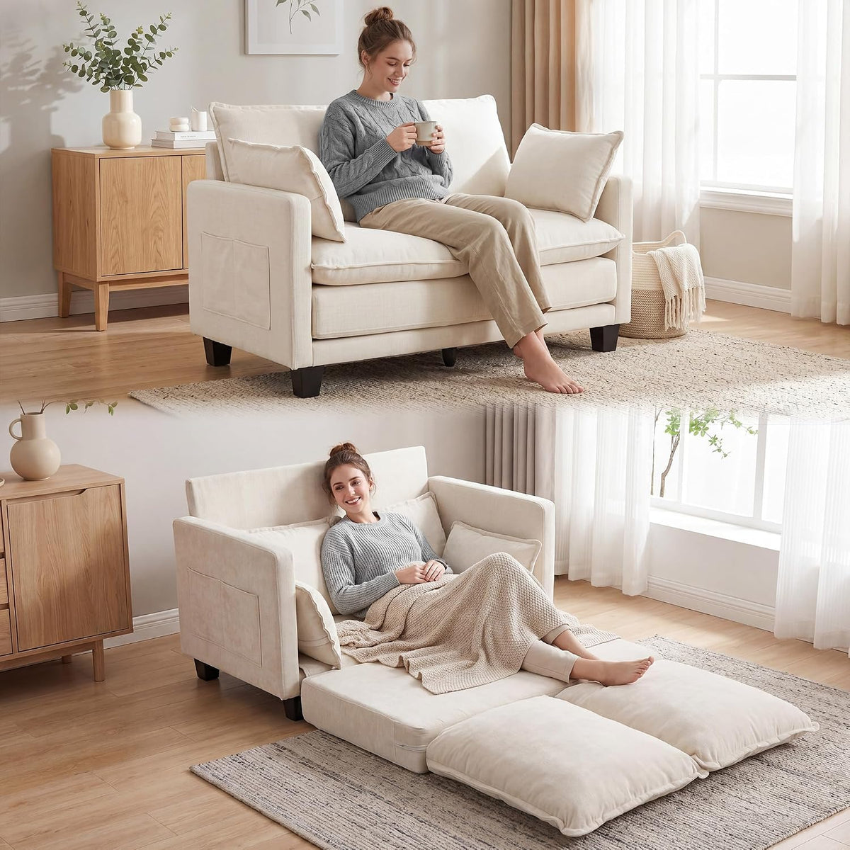 49" Loveseat Sofa Bed, 2 in 1 Convertible Small Sofa Pull Out Couch Bed Chenille Deep 2 Seat Sleeper Twin XL Futon Mattress for Small Spaces Living Room Bedroom Apartment Office, Beige