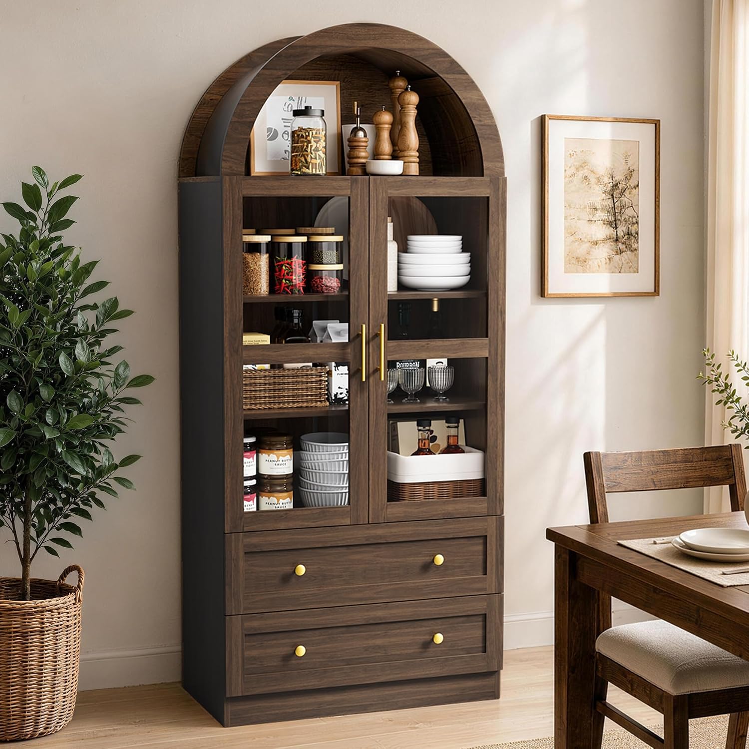 71" Tall Arched Kitchen Pantry Cabinet, Modern Farmhouse Kitchen Storage Cabinet with 2 Large Drawers & Acrylic Doors, Freestanding Versatile Cupboard for Living Room, Dining Room, Brown