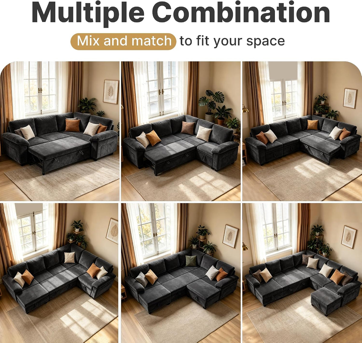 Oversized Sectional Sleeper Couch, 9 Seat Modular Sofa Pull-Out Storage Bed | MastonHome 109" U-Shaped Convertible Cloud Couch with Pillow Armrests, Chenille Fabric for Living Room, Apartment, Black