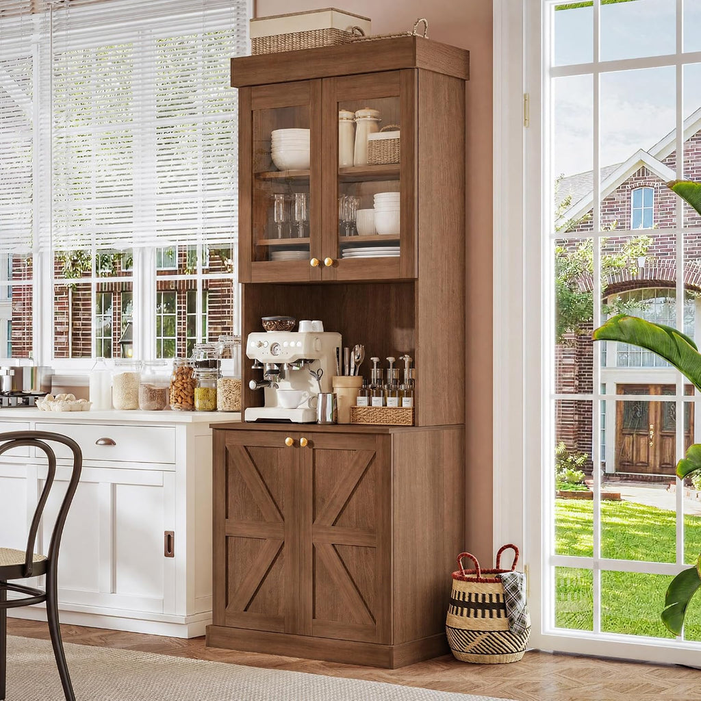 71" Farmhouse Kitchen Pantry Cabinet with Glass Doors & Drawers, Set of 3 – Dark Brown Freestanding Coffee Bar Hutch with Adjustable Shelves, Large Storage Cabinet with Microwave Stand for Kitchen