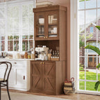 71" Farmhouse Kitchen Pantry Cabinet with Glass Doors & Drawers, Set of 3 – Dark Brown Freestanding Coffee Bar Hutch with Adjustable Shelves, Large Storage Cabinet with Microwave Stand for Kitchen