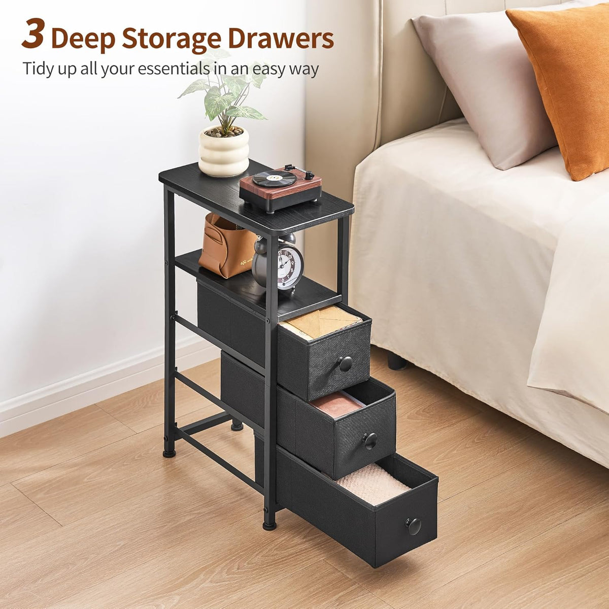 DALEMHOME End Table, Narrow Side Table with 3 Fabric Drawers, Slim Nightstand, Small Bedside Table with Storage, Living Room, Bedroom, Black HKET1300BK