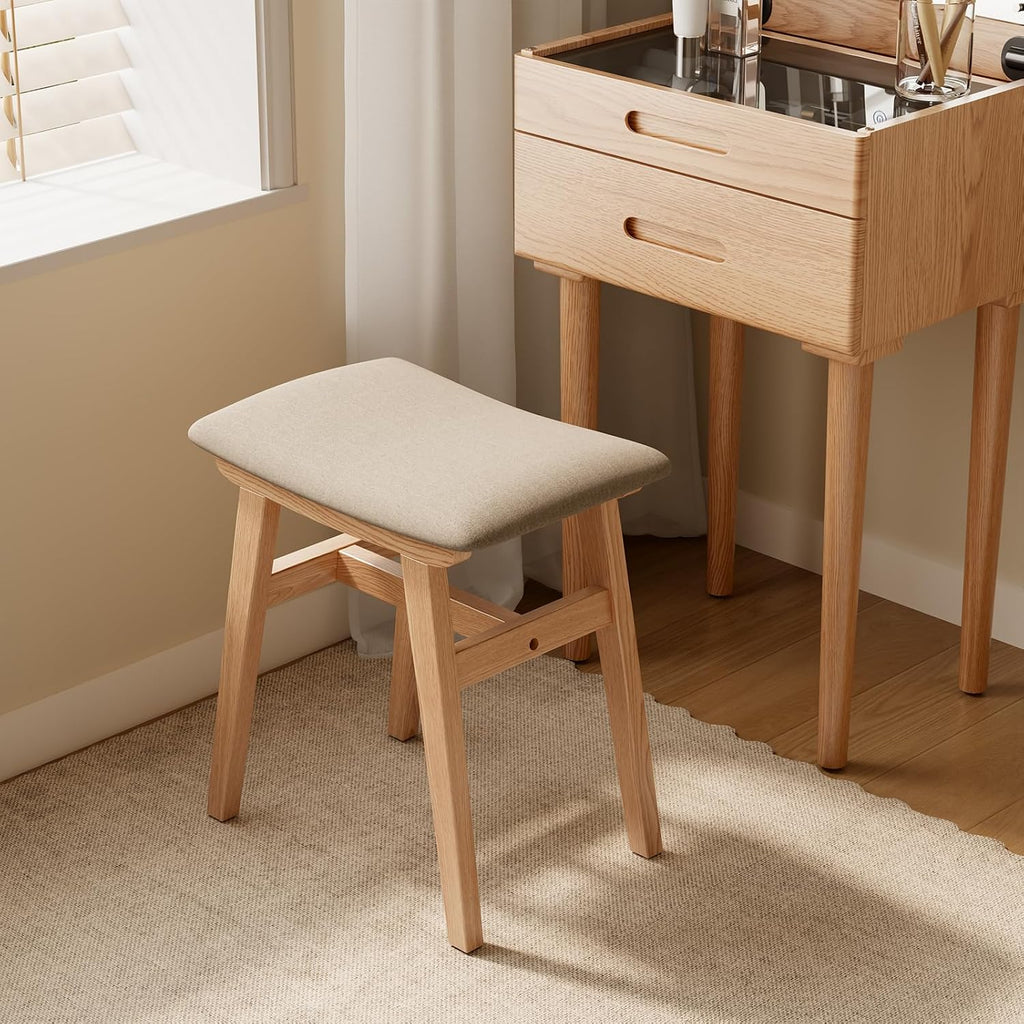Muwuele Solid Wood Vanity Stool, Compact Makeup Chair with Saddle Cushion, Linen-Covered High Rebound Sponge Seat, Easy Assembly Footstool for Bedroom, Entryway, Home, Natural