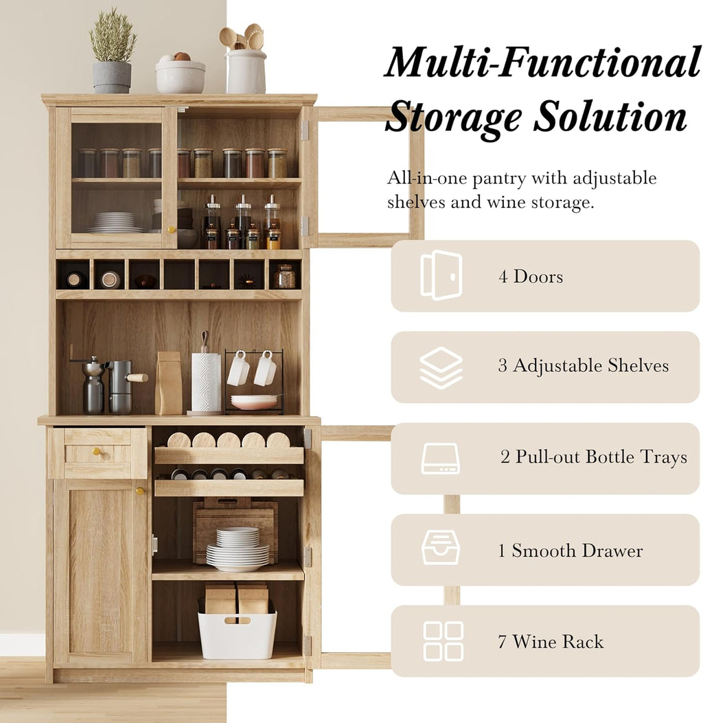 Polibi Farmhouse Freestanding Kitchen Pantry Cabinet Buffet with Hutch, Wine Rack, Adjustable Shelves, Pull-Out Bottle Trays & Glass Doors, 35.4x17.7x74.8inch,Natural