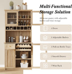 Polibi Farmhouse Freestanding Kitchen Pantry Cabinet Buffet with Hutch, Wine Rack, Adjustable Shelves, Pull-Out Bottle Trays & Glass Doors, 35.4x17.7x74.8inch,Natural