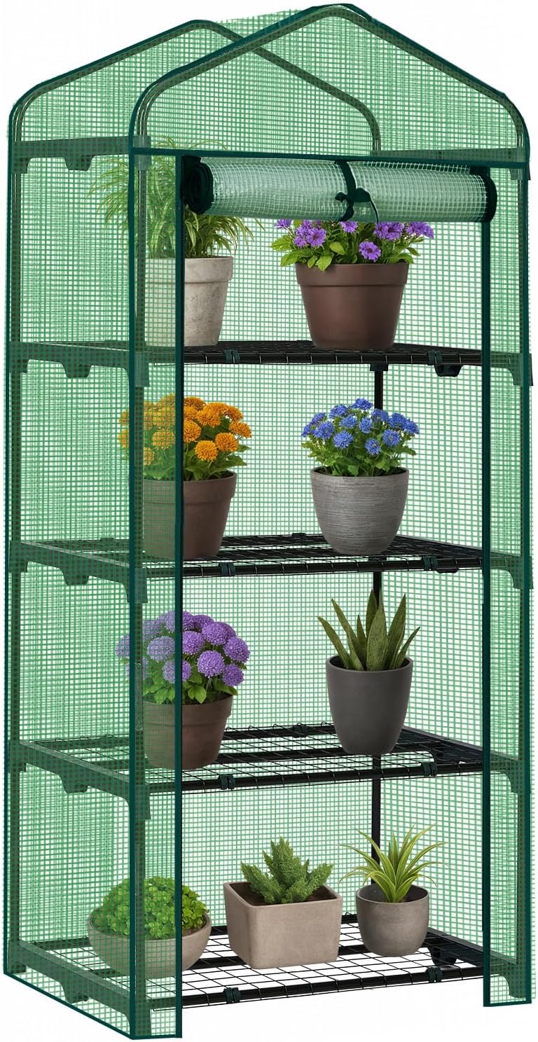 Outvita Mini Greenhouse, Small PE Plant Green House with 4 Tiers Rack, Shelf Clips, Roll-up Zipper Door, Gardening Supplies for Indoor Outdoor Seedling Frost Protection , 27"x19.6"x63" Green