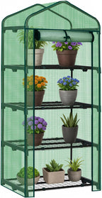 Outvita Mini Greenhouse, Small PE Plant Green House with 4 Tiers Rack, Shelf Clips, Roll-up Zipper Door, Gardening Supplies for Indoor Outdoor Seedling Frost Protection , 27"x19.6"x63" Green