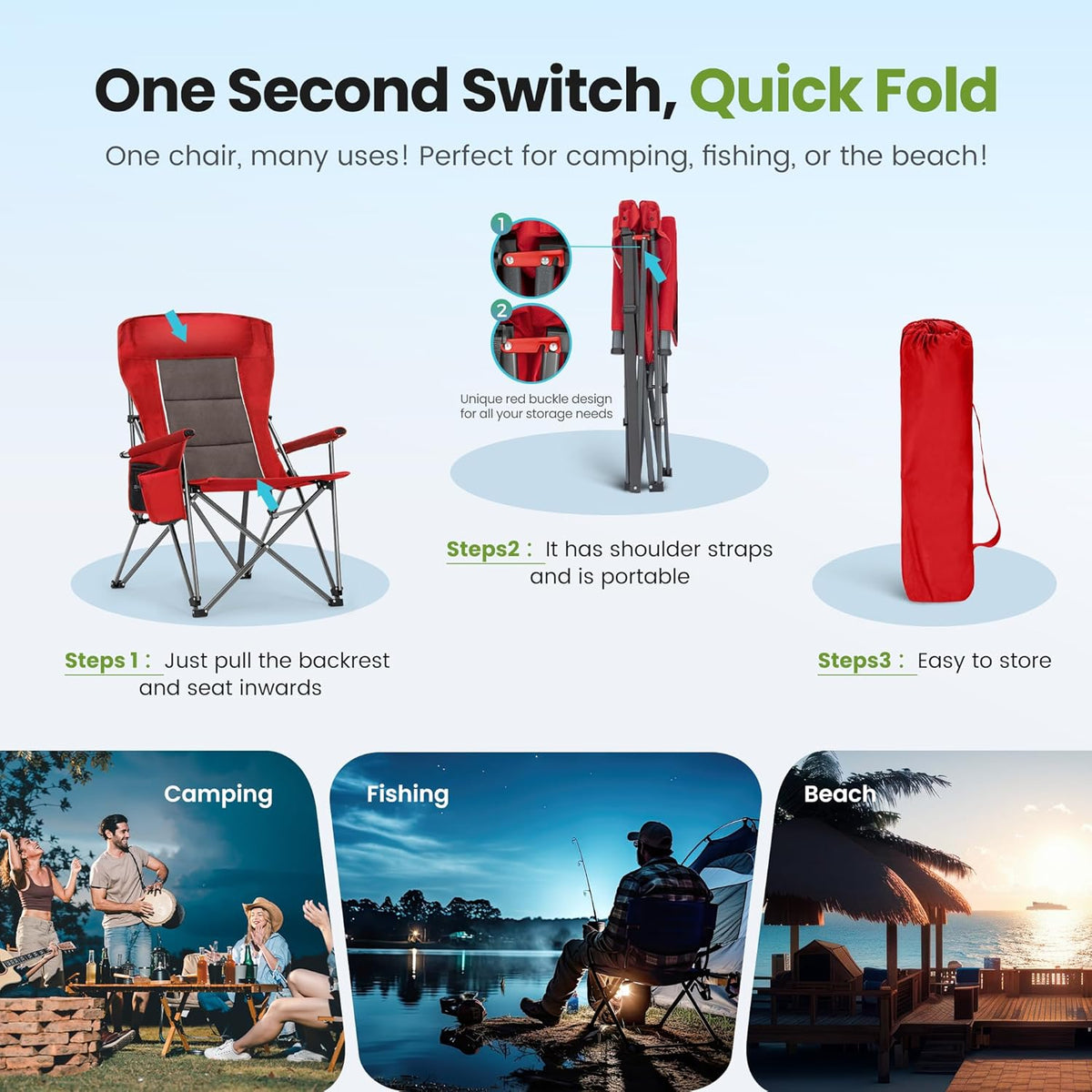 HIGH POINT SPORTS Oversized Folding Camping Chairs for Adults, High Backrest Heavy Duty Lawn Chairs Support 500 LBS Portable Collapsible Camp Chairs with Cup Holders,Side Pocket, Red