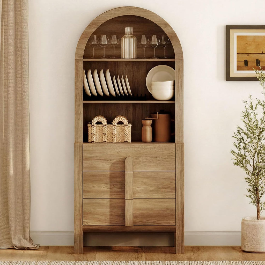 WAMPAT 71" Tall Arched Kitchen Pantry Cabinet with 3 Drawers,5 Tiers Modern Farmhouse Bookcase with Doors, Open Shelf Storage Organizer, Wood Display Bookcase for Kitchen, Dining Room, Walnut, 1 PC