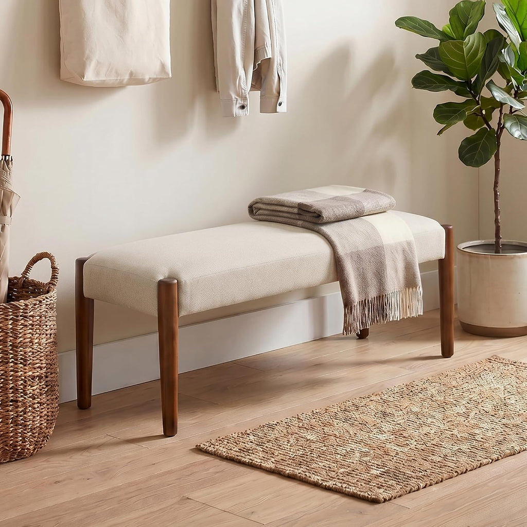 Usaint 42" End of Bed Bench with Wood Legs, Beige with Walnut Leg | Modern Upholstered Bedroom Bench with Rubberwood Legs, Entryway Bench with Cushion, Dining Bench for Living Room, Bedroom