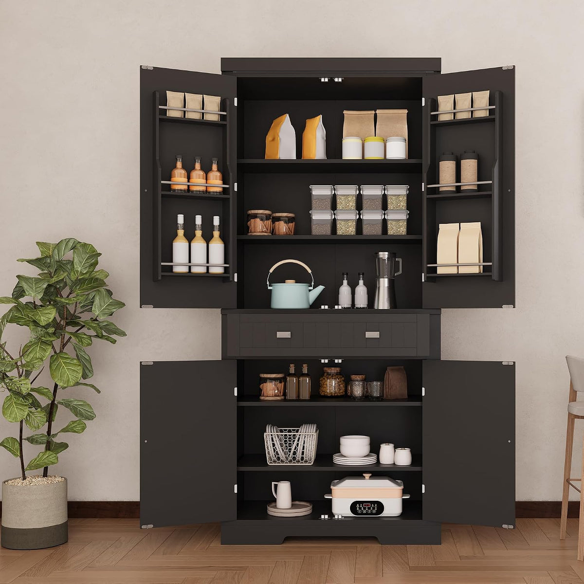 72" Kitchen Pantry Storage Cabinet, Utility Freestanding Food Pantry with 2 Drawer & 6 Door Shelves, Modern Wood Tall Cupboard with 4 Adjustable Shelves for Dining Room, Living Room, Kitchen,Black