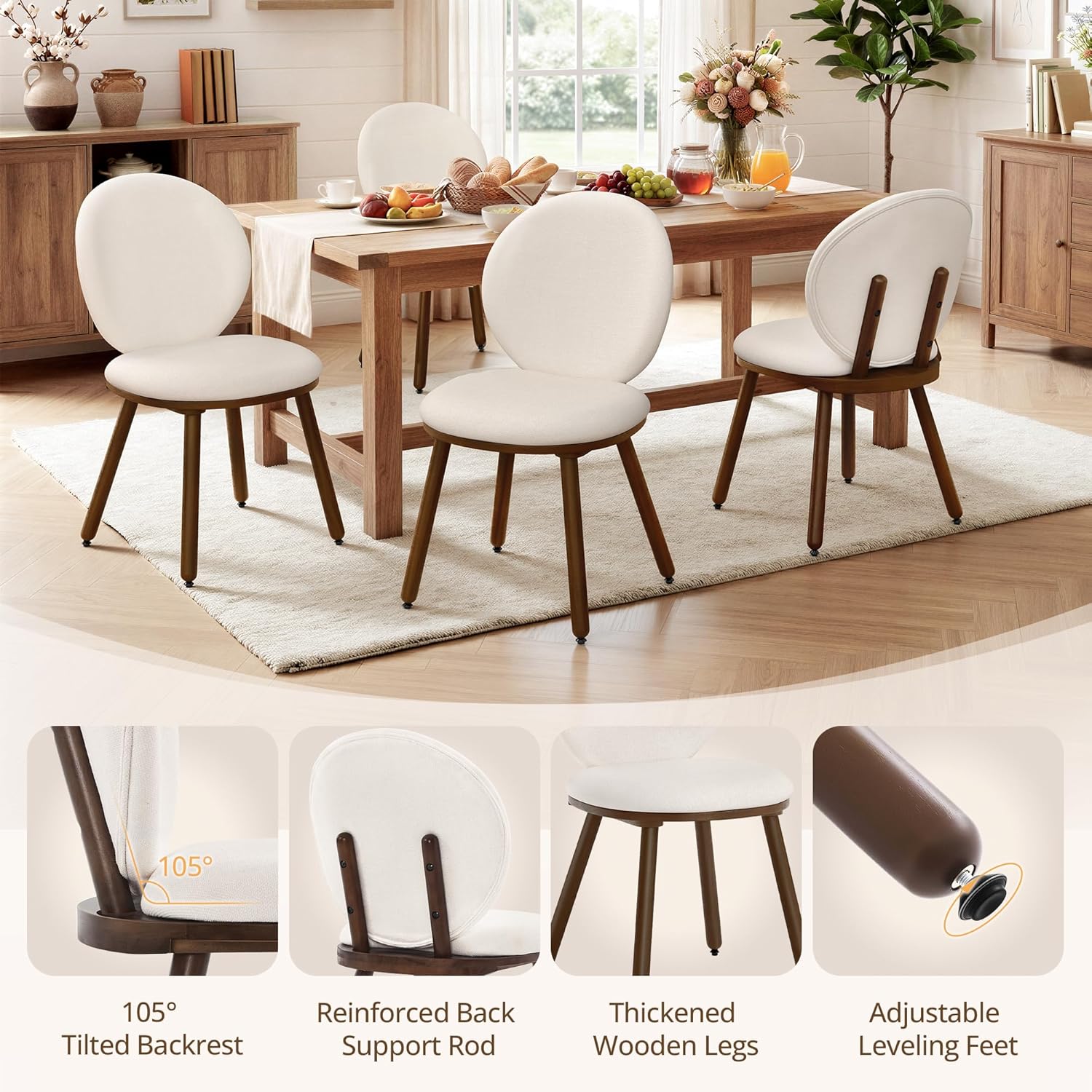 LUE BONA Dining Chairs Set of 4, Upholstered Fabric Kitchen Chairs with Dual-Spine Backrest, Kitchen Chair with Solid Wood Legs and Ergonomic Curved Seat, Easy Assembly for Kitchen Dining Room, White