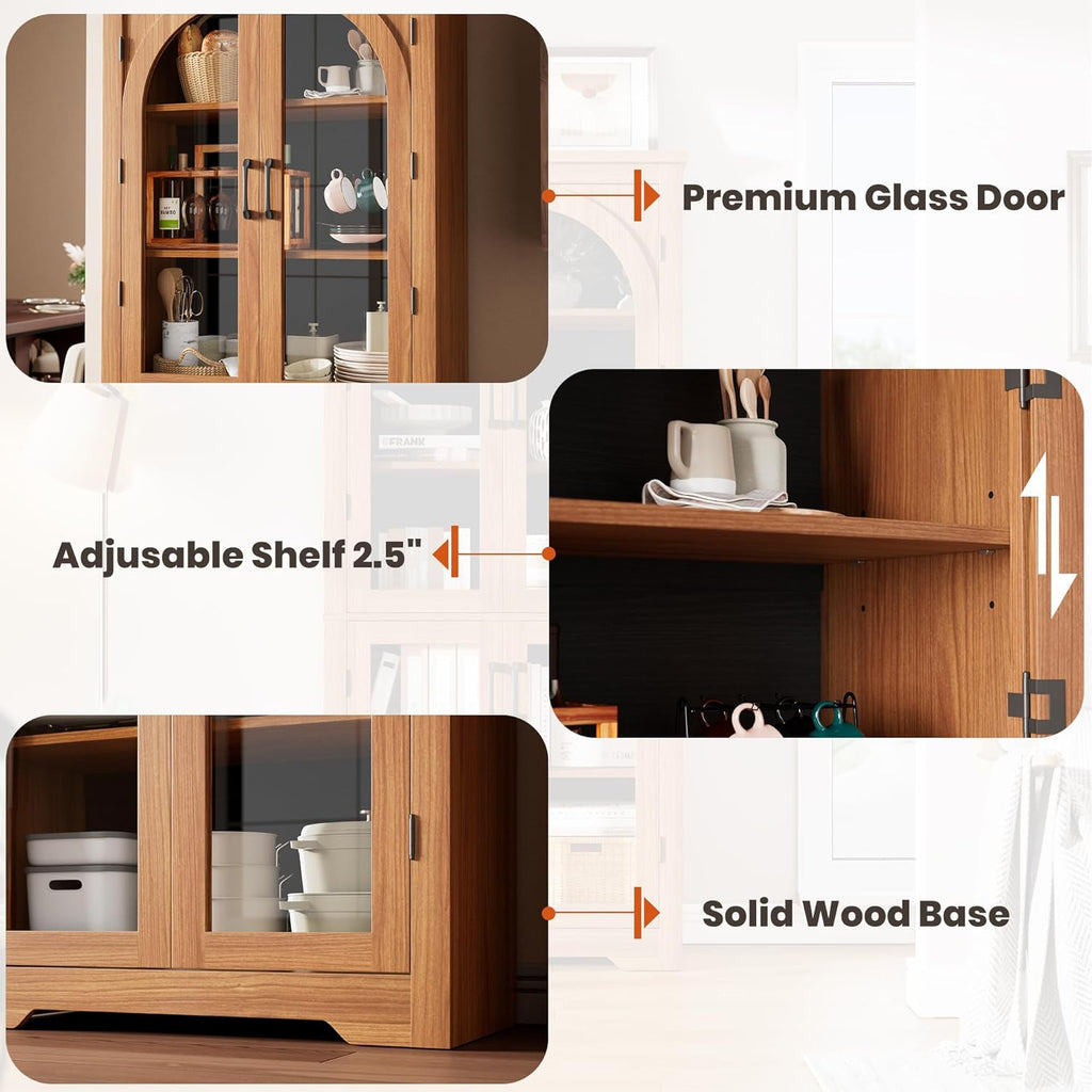 70" Kitchen Pantry Storage Cabinet - Modern Display Pantry Storage with 4 Arched Glass Doors and Adjustable Shelves, Versatile Cupboard Organizers for Kitchen, Dining Room, Living Room, Maple