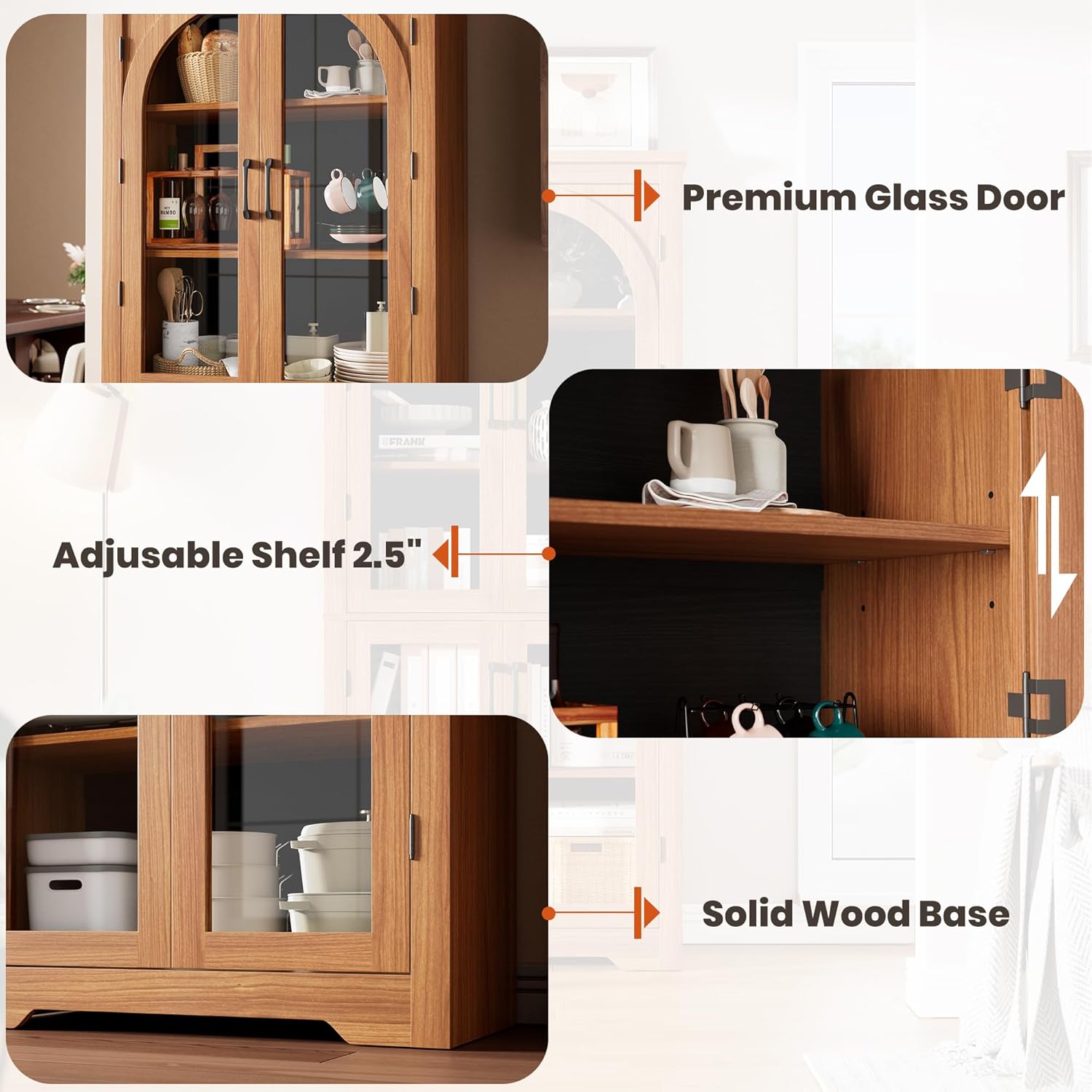 70" Kitchen Pantry Storage Cabinet - Modern Display Pantry Storage with 4 Arched Glass Doors and Adjustable Shelves, Versatile Cupboard Organizers for Kitchen, Dining Room, Living Room, Maple
