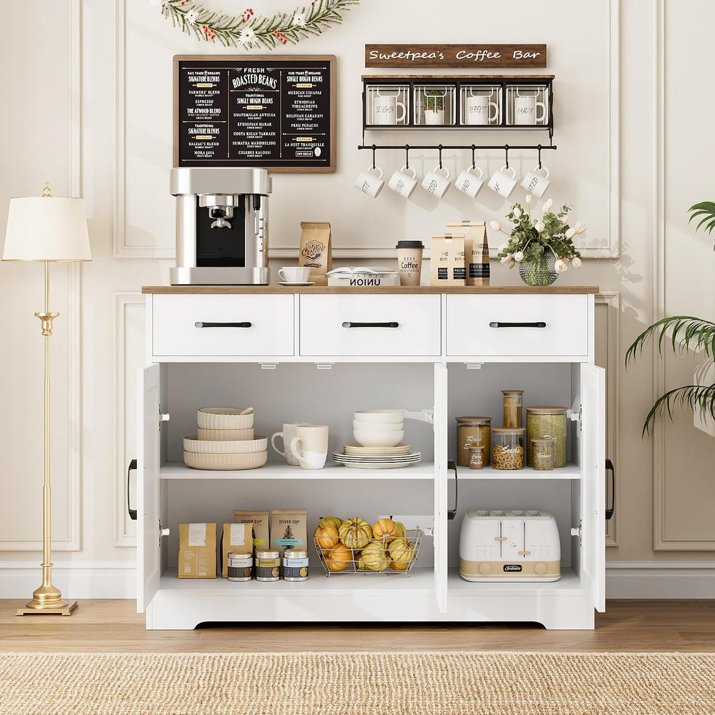 HOSTACK Kitchen Buffet Cabinet with Storage, Sideboard Coffee Bar, White | Farmhouse Kitchen Storage Cabinet with 3 Drawers & Adjustable Shelf, 42.5"W Buffet Table for Dining Living Room