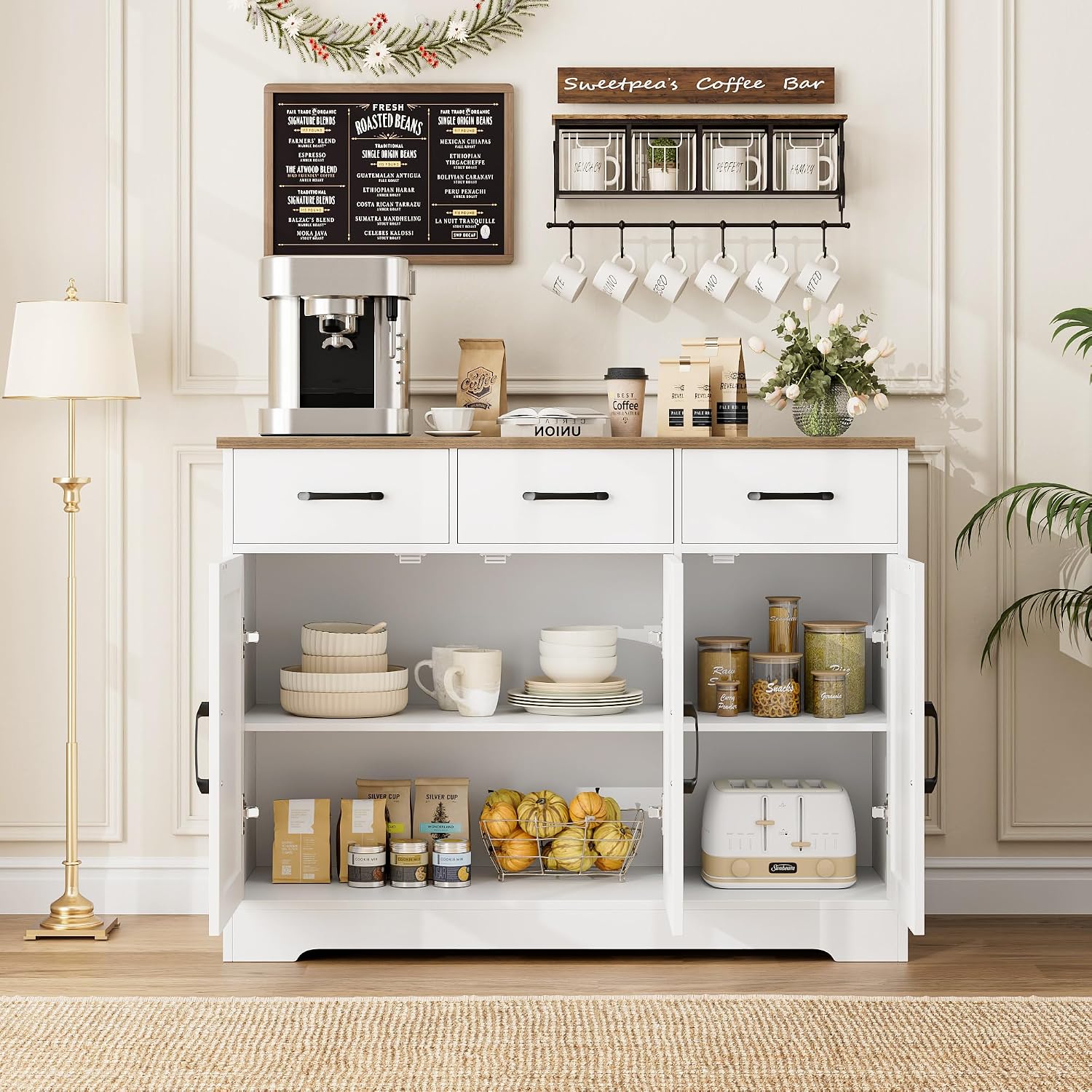 HOSTACK Kitchen Buffet Cabinet with Storage, Sideboard Coffee Bar, White | Farmhouse Kitchen Storage Cabinet with 3 Drawers & Adjustable Shelf, 42.5"W Buffet Table for Dining Living Room