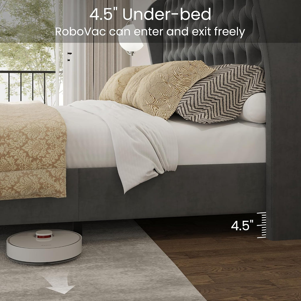 LARMACE King Size Bed Frame Velvet Upholstered Platform Bed with Wingback Headboard & Footbaord, Deep Button Tufted Bed Frame with Wood Slats Support, No Box Spring Needed, Grey