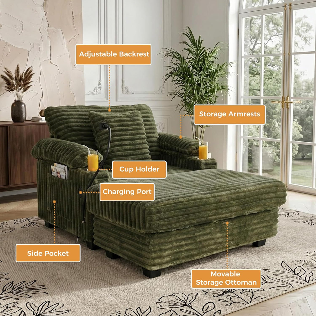 Oversized Chaise Lounge Chair with Adjustable Backrest, Movable Storage Ottoman, Phone Holder, USB Ports, Cup Holder, Reading Lounge Chair for Small Space, Green