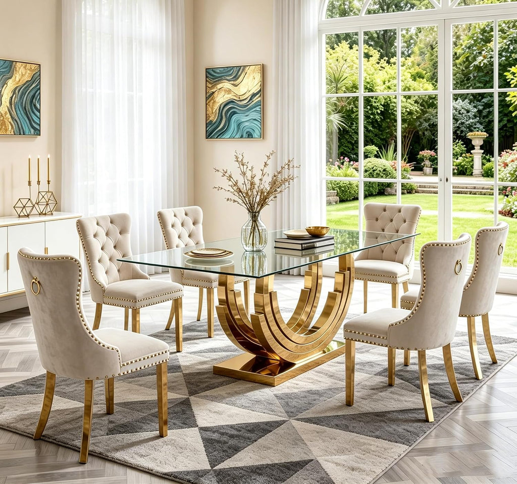 SSLine 7-Piece Gold Glass Dining Table Set for 6, Modern Luxury 70" Glass Dining Room Table with Three-Ring Shape Stainless Steel Base, Elegant Kitchen Table Set with 6 Beige Tufted Chairs