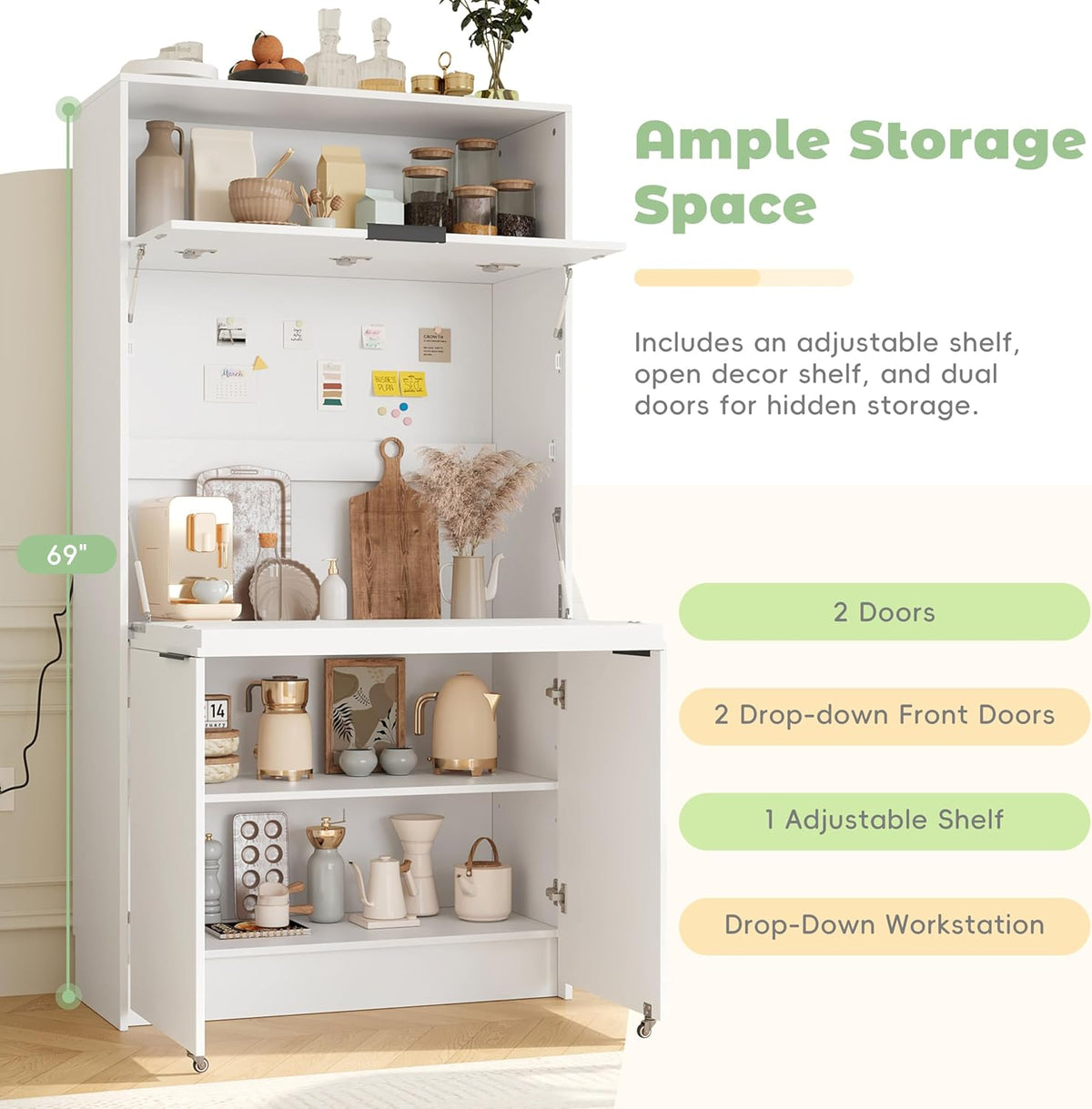 Farmhouse Kitchen Pantry Cabinet with Foldable Workstation, Kitchen Storage Cabinets with Adjustable Shelf & Power Outlet, Versatile Cupboard for Dining Room, Living Room,White