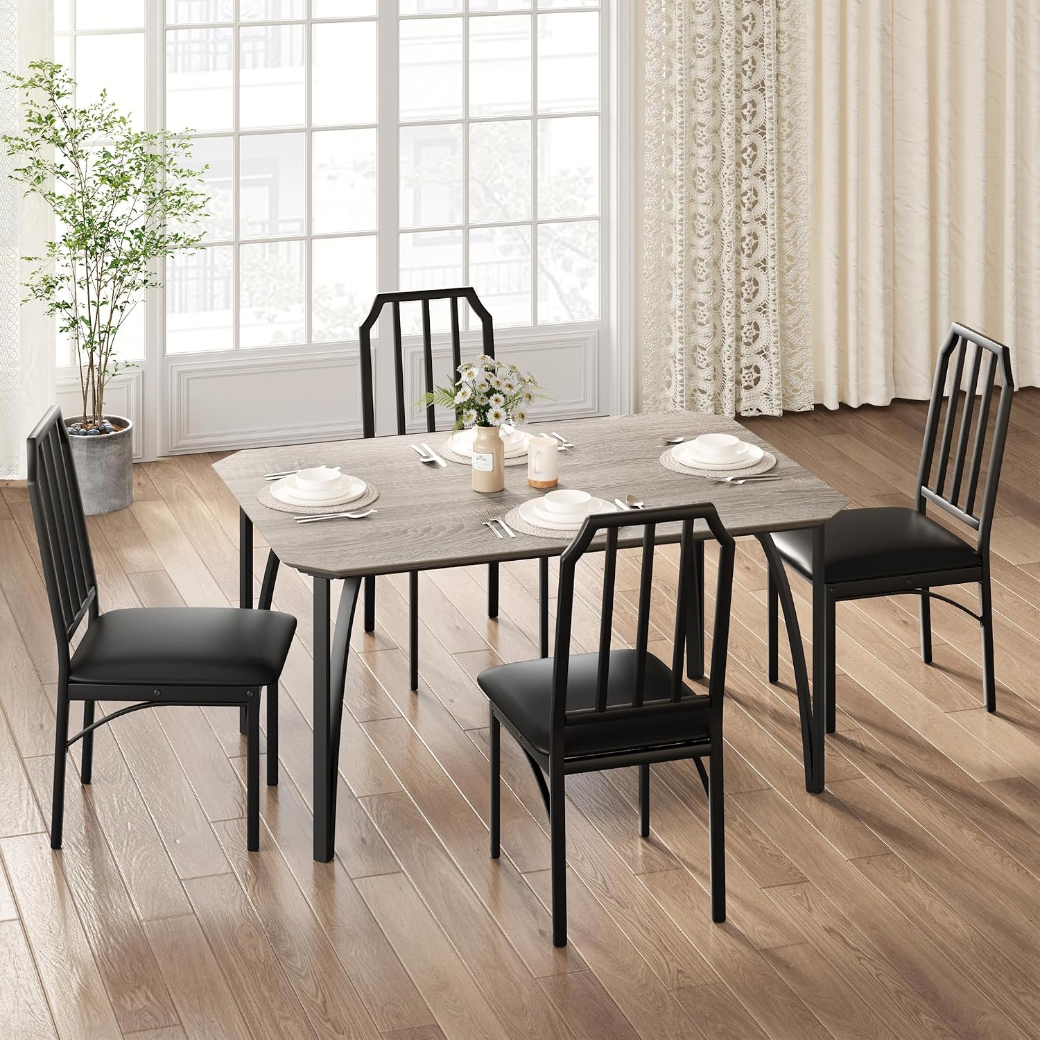 GAOMON 5-Piece Dining Table Set for 4, Modern Kitchen Table with Chamfered Design and Upholstered Chairs, Leather-Cushioned Seats for Small Spaces and Apartments, Space-Saving (Gray/Black,5 Pack)