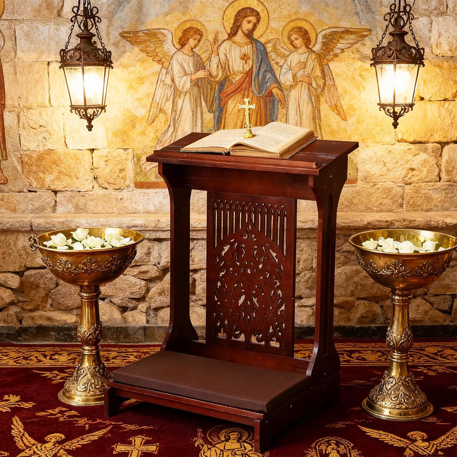 Colingmill Tree of Life Church Prayer Bench Stool Wooden Padded Kneeler with Shelf and Cushion Prayer Kneeler for Home Church Religious Gifts, 24 x 22 x 32 inches(Walnut Color)