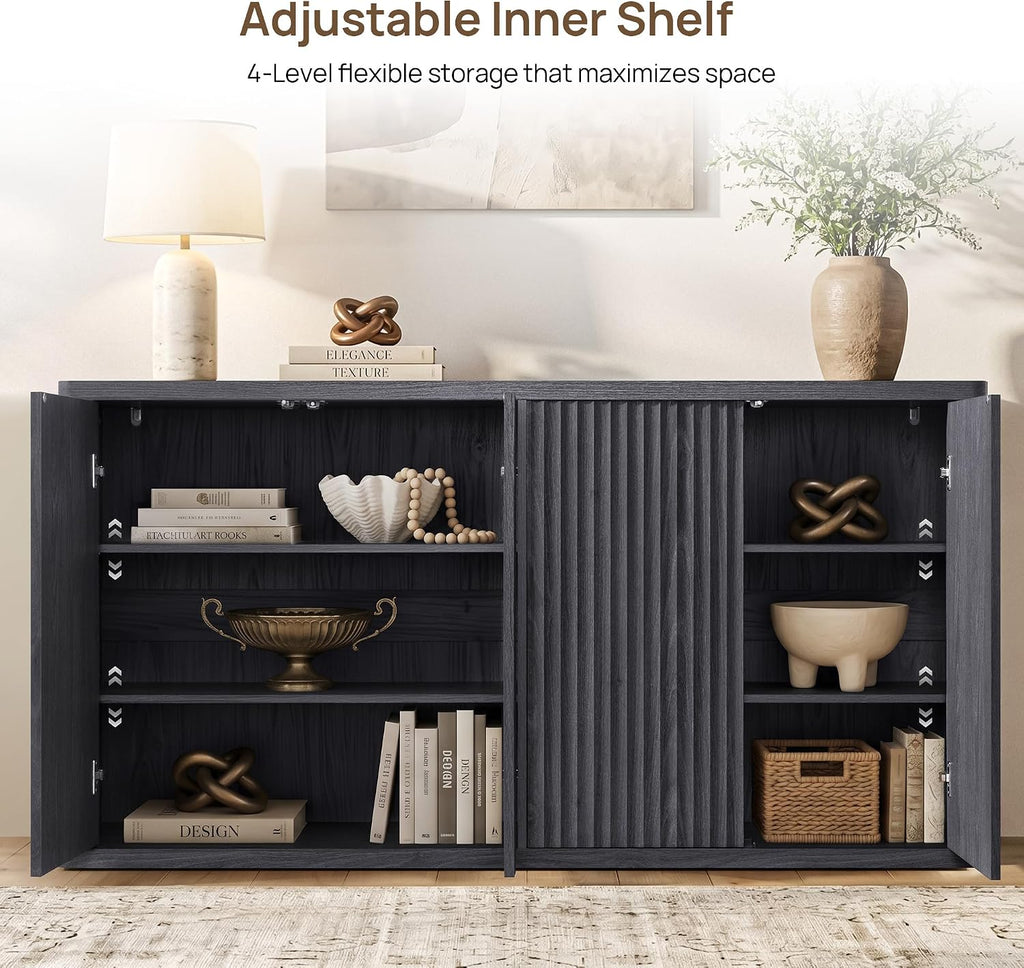 SICOTAS Buffet Cabinet with Storage Accent Sideboard with 4 Doors 66.3" Wide Fluted Credenza Modern Buffet Table Media Console Cabinet Entryway Cabinets for Living Room Kitchen Dining Room Hallway