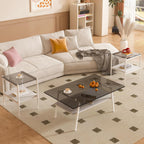 3-Piece Glass Coffee Table and End Table Sets for Living Room, Modern Living Room Tables Set of 3 Tempered Glass Coffee Table & 2 End Side Table with Storage for Small Spaces (3, Gray White)