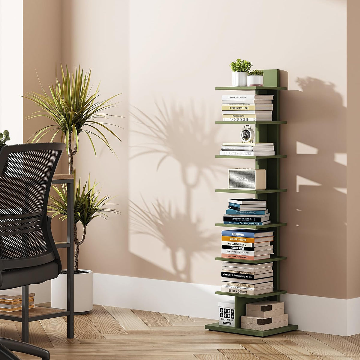 TUTOTAK Book Shelf, Narrow Spine Bookshelf, 8-Tier Bookcase for Small Space