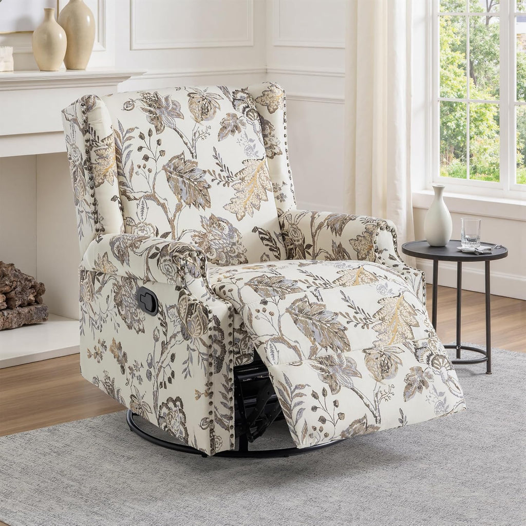 Swivel Glider Floral Recliner Chairs Set of 2, High Back Swivel Rocker Fabric Accent Chair for Living Room, Rivet Trim Upholstered Armchair Manual Sofa Seating - Beige Plants
