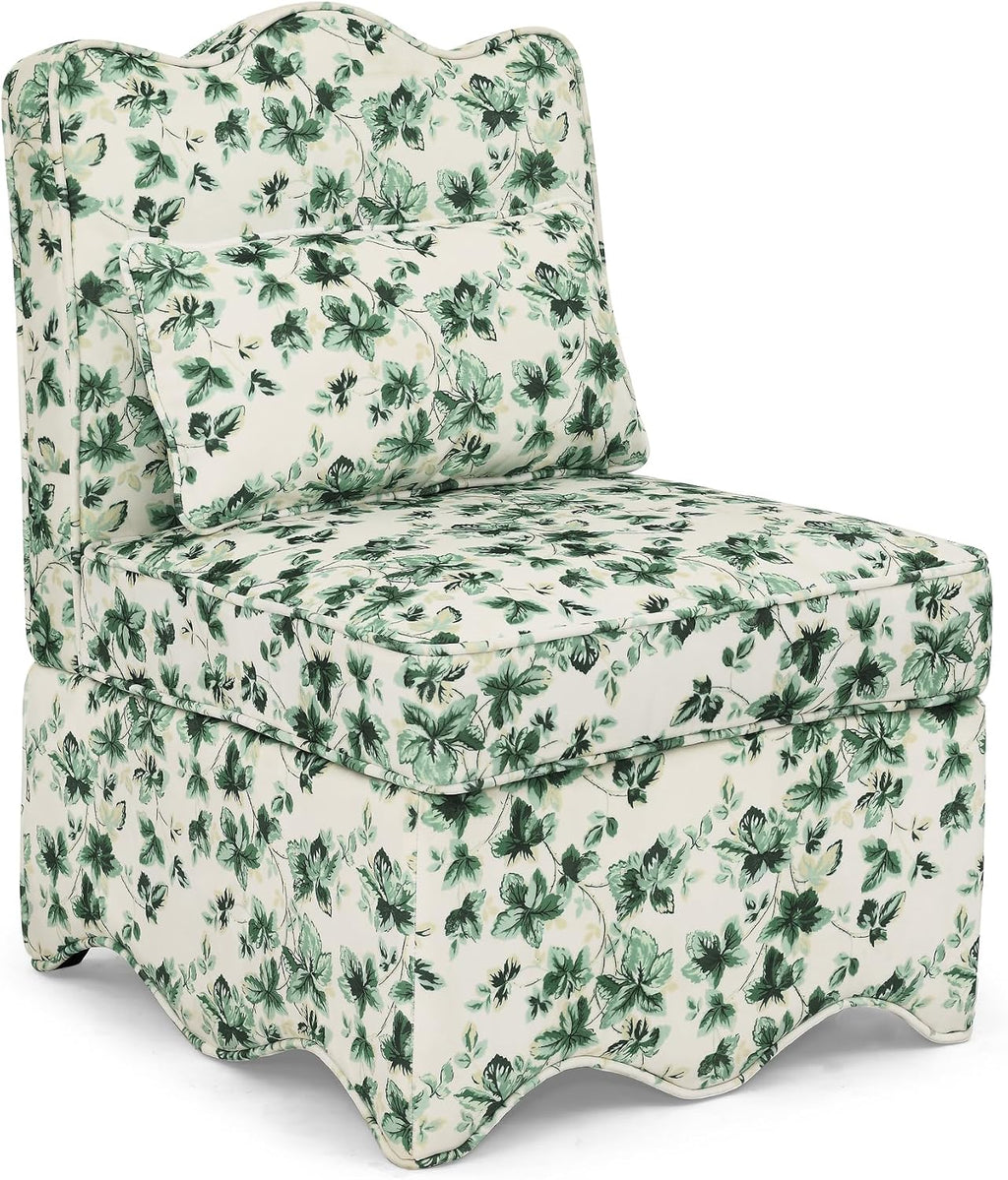 Ball & Cast Flannel Upholstered Armless Chair, Classic American Style Flower Design Fabric Dining Chair, Comfy Farmhouse Accent Chair with Padded Seat and Backrest for Living Room Kitchen, Green