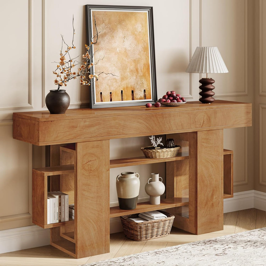 Einhomn 63 Inch Long Console Table for Entryway, Farmhouse Wooden Sofa Table Behind Couch with 3-Tier Storage Shelf, Narrow Entry Accent Table for Living Room, Hallway, Foyer, Natural