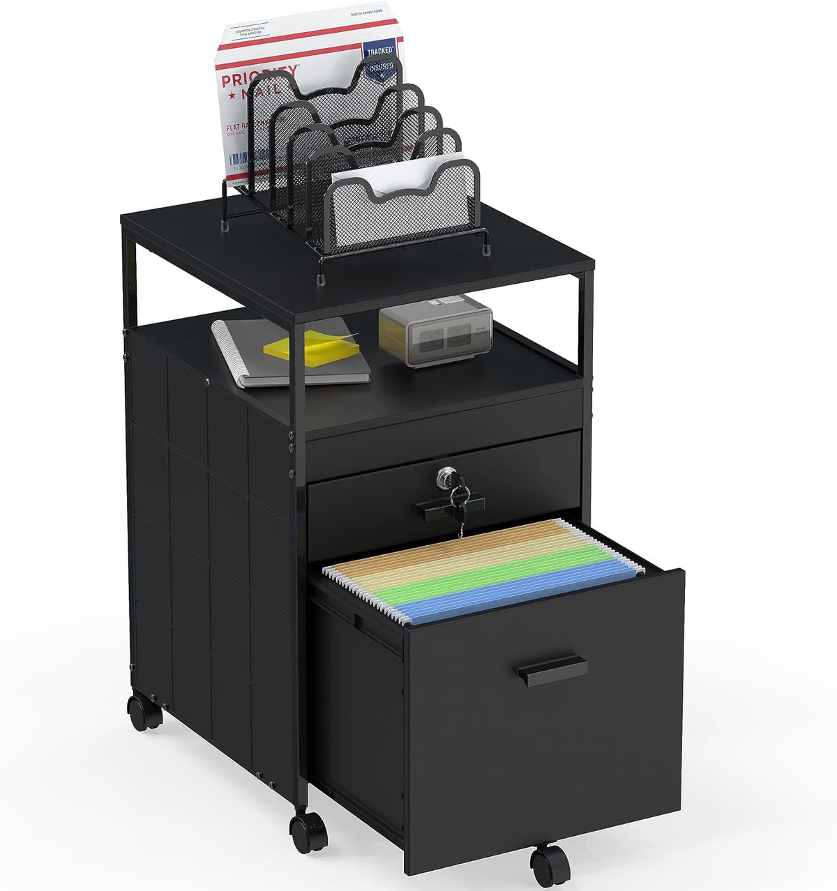 SHW Box File Rolling Mobile Cabinet with Lockable Drawer, Black | Open Shelf for easy access