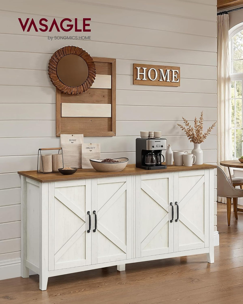 VASAGLE Buffet Cabinet, Coffee Bar, Adjustable Shelf | Sideboard Storage with Cable Hole, Rustic White and Honey Brown, LIRY Collection ULSC381W01