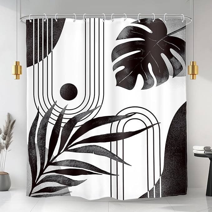 Glawry Boho Black White Shower Curtain Mid Century Abstract Tropical Palm Leaf Modern Minimalist Plant Botanical Bathroom Geometric 60Wx72L Inches Bath Accessories Art Home Decor Fabric 12 Pack Hooks