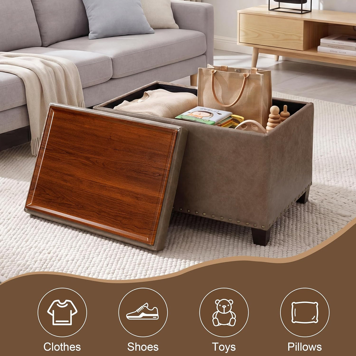 Homebeez 22" Storage Ottoman Coffee Table with Flip Top Tray, Tufted Faux Leather Footrest Stool with Nailhead Trim, Large Foot Rest for Living Room, Taupe Brown